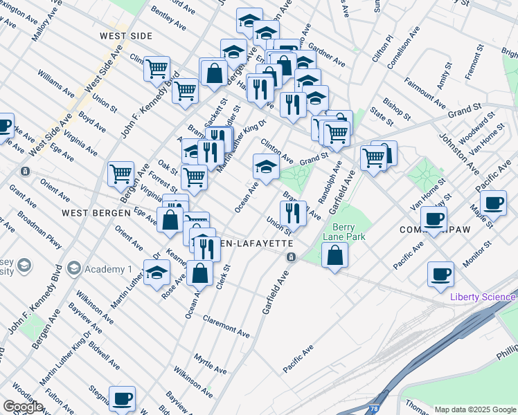 map of restaurants, bars, coffee shops, grocery stores, and more near 68 Union Street in Jersey City