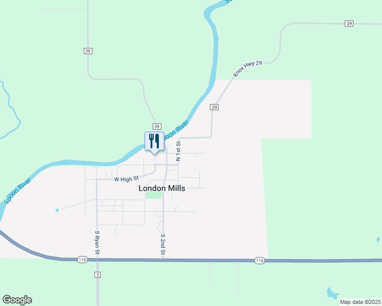 map of restaurants, bars, coffee shops, grocery stores, and more near 201-219 South Water Street in London Mills