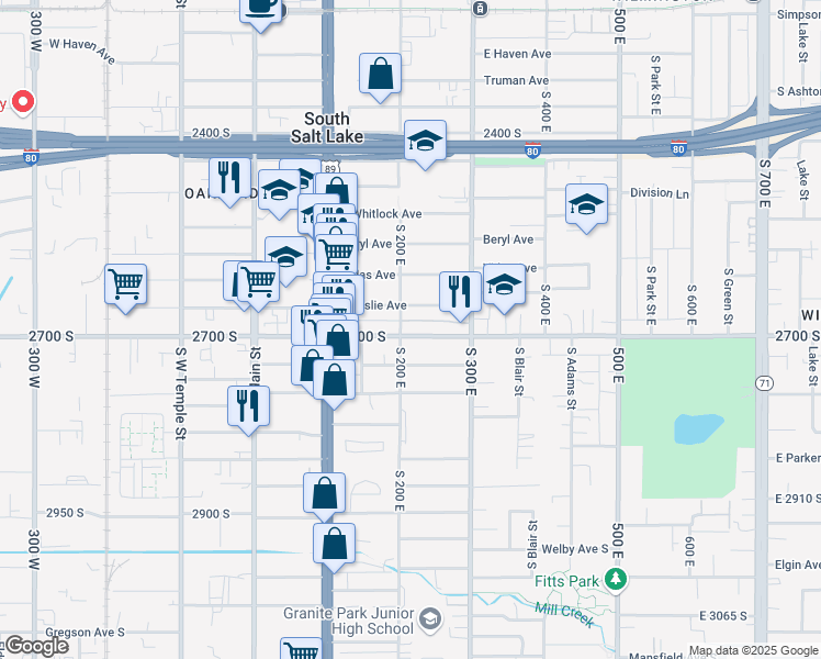 map of restaurants, bars, coffee shops, grocery stores, and more near 209 East 2700 South in South Salt Lake