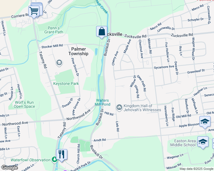 map of restaurants, bars, coffee shops, grocery stores, and more near 1933 Bushkill Drive in Easton