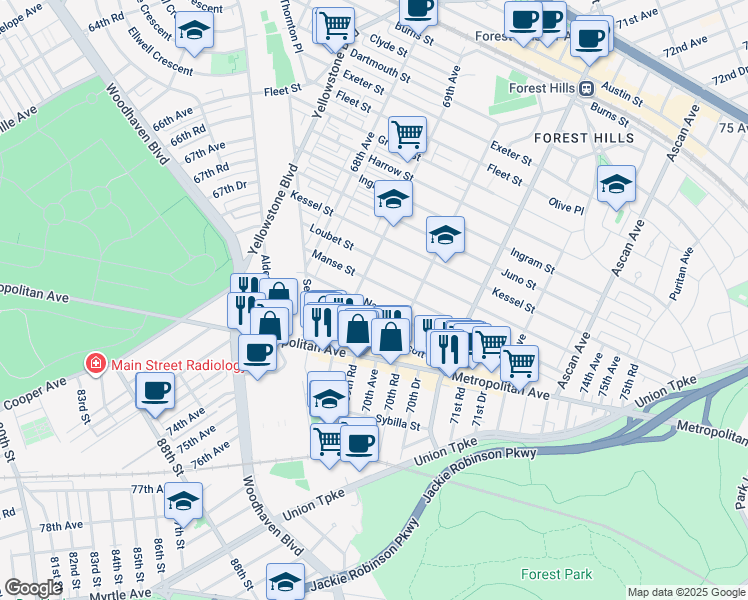 map of restaurants, bars, coffee shops, grocery stores, and more near 69-19 Nansen Street in Queens