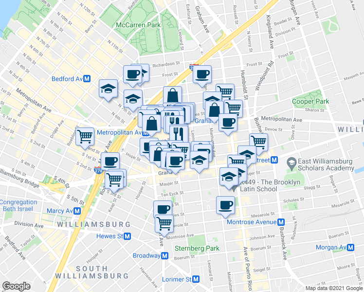 map of restaurants, bars, coffee shops, grocery stores, and more near 147 Ainslie Street in Brooklyn