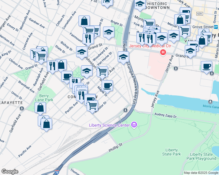 map of restaurants, bars, coffee shops, grocery stores, and more near 293 Pine Street in Jersey City