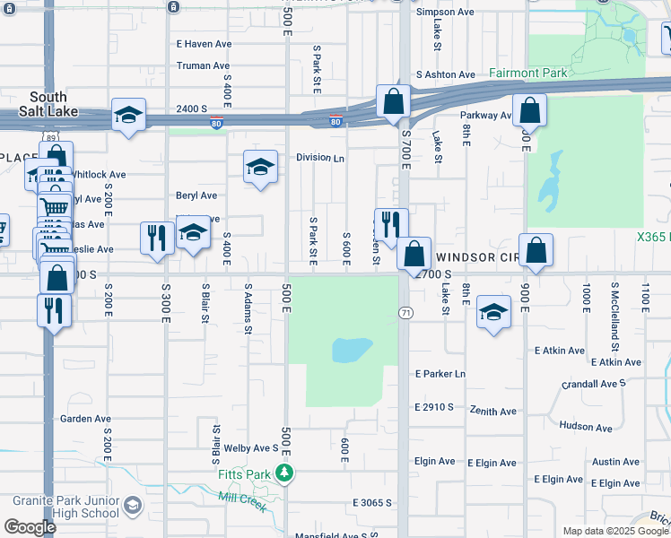 map of restaurants, bars, coffee shops, grocery stores, and more near 573 East 2700 South in Salt Lake City