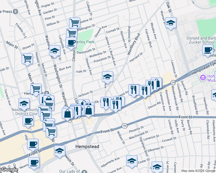 map of restaurants, bars, coffee shops, grocery stores, and more near 451 Jackson Street in Hempstead