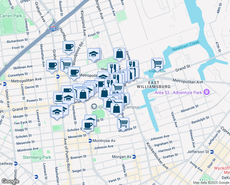 map of restaurants, bars, coffee shops, grocery stores, and more near 958 Grand Street in Brooklyn