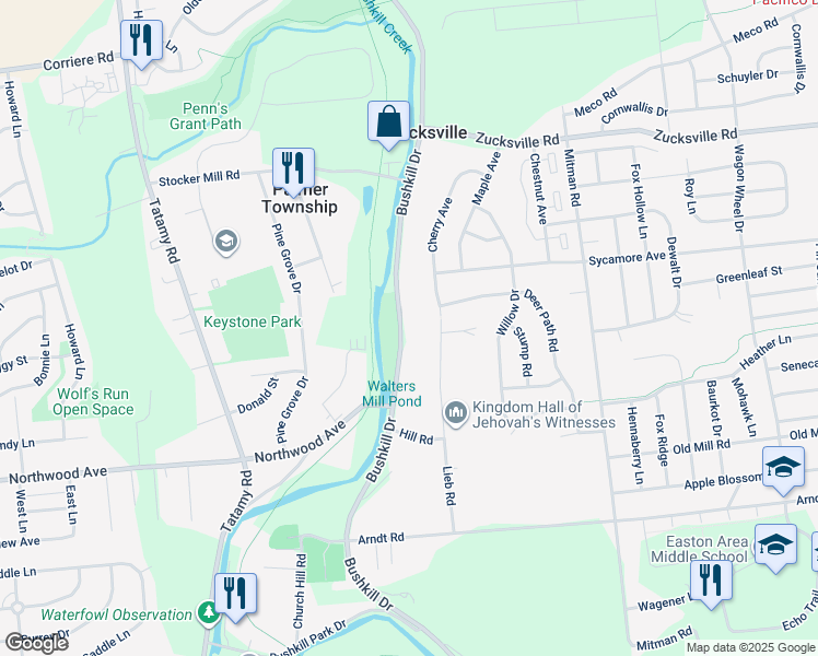 map of restaurants, bars, coffee shops, grocery stores, and more near 1933 Bushkill Drive in Easton