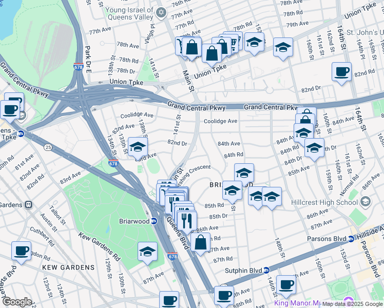 map of restaurants, bars, coffee shops, grocery stores, and more near 141-71 84th Road in Queens