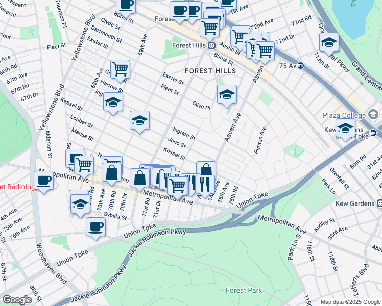 map of restaurants, bars, coffee shops, grocery stores, and more near 72-04 Juno Street in Queens