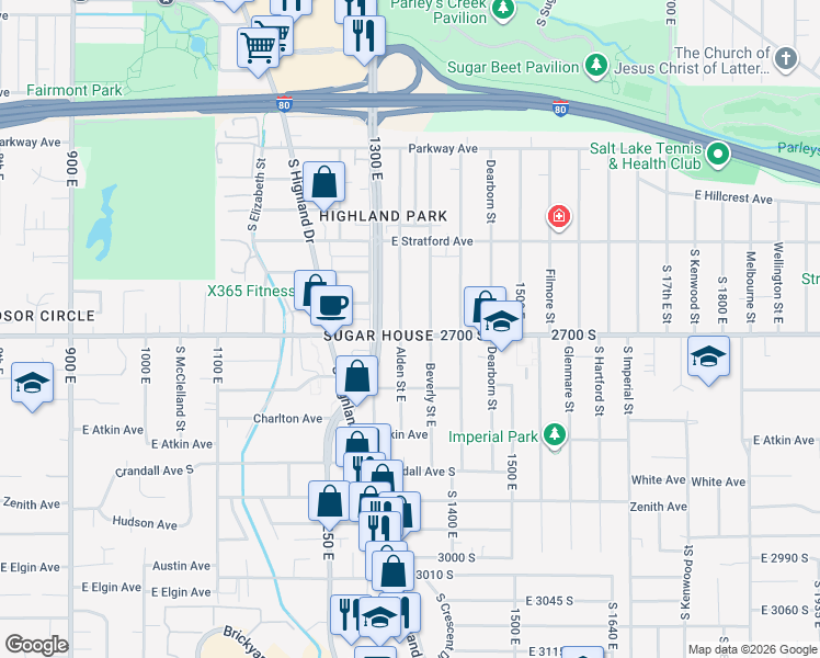 map of restaurants, bars, coffee shops, grocery stores, and more near 1343 2700 South in Salt Lake City