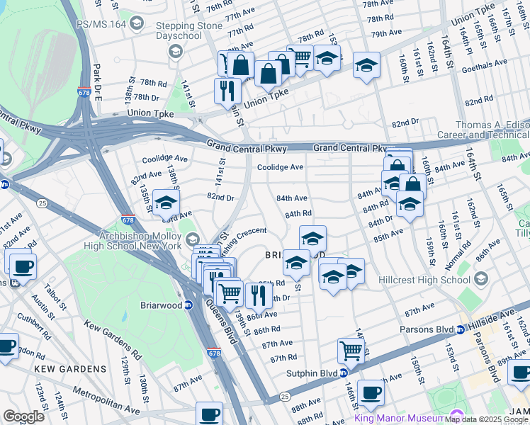 map of restaurants, bars, coffee shops, grocery stores, and more near 84-27 Lander Street in Queens