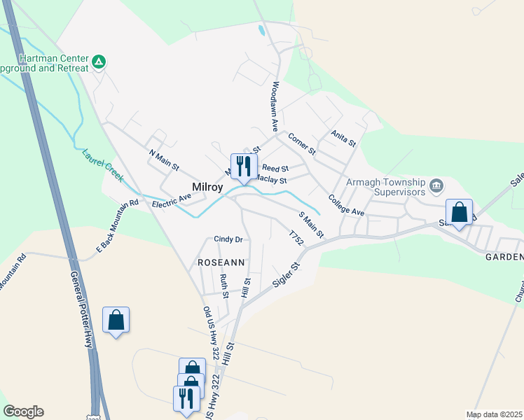 map of restaurants, bars, coffee shops, grocery stores, and more near 95 Andrew Street in Milroy