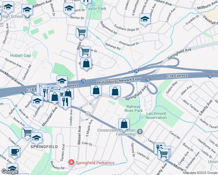 map of restaurants, bars, coffee shops, grocery stores, and more near 115 Victory Road in Springfield