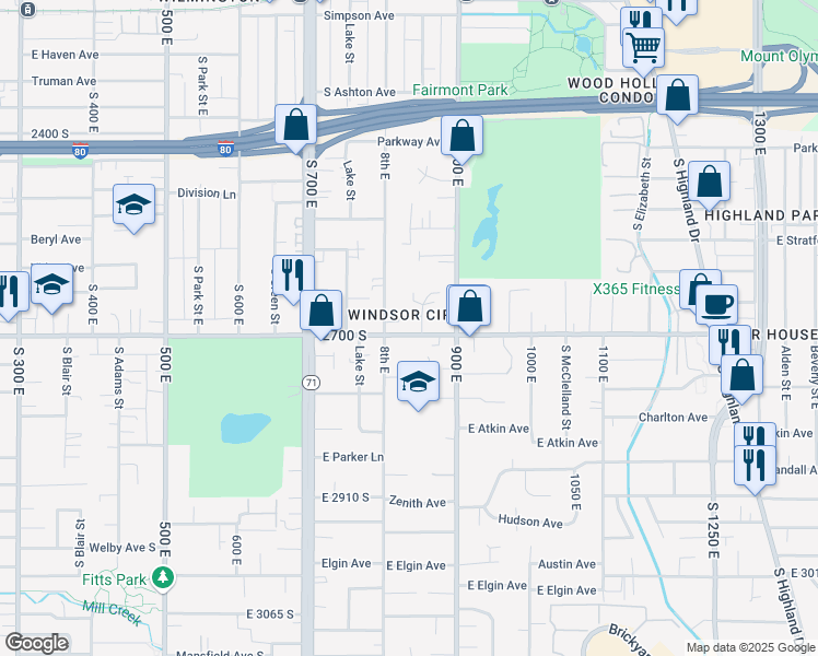 map of restaurants, bars, coffee shops, grocery stores, and more near 829 East 2700 South in Salt Lake City