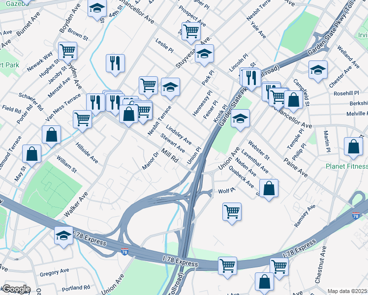 map of restaurants, bars, coffee shops, grocery stores, and more near 64 Stewart Avenue in Irvington
