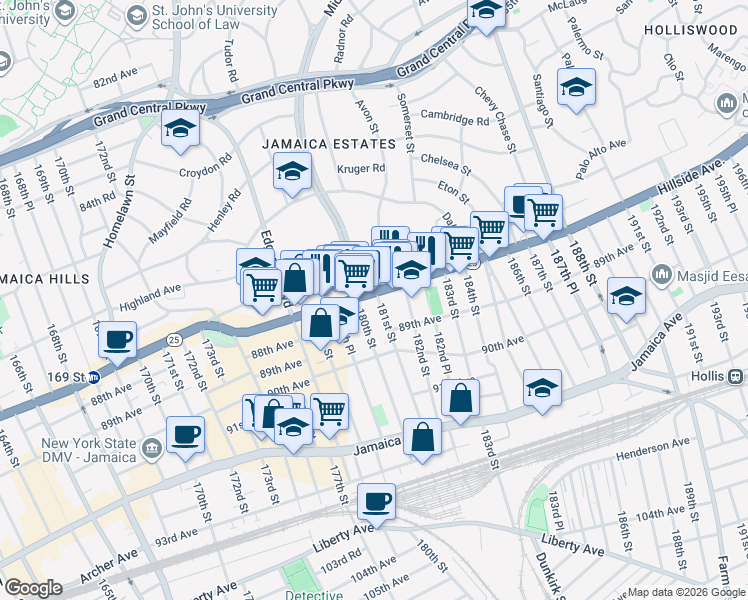 map of restaurants, bars, coffee shops, grocery stores, and more near 180-14 Hillside Avenue in Queens