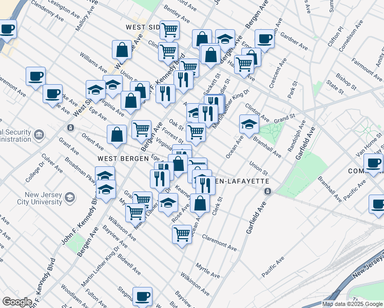 map of restaurants, bars, coffee shops, grocery stores, and more near 425 Martin Luther King Junior Drive in Jersey City