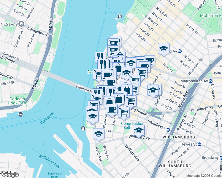 map of restaurants, bars, coffee shops, grocery stores, and more near 50 South 4th Street in Brooklyn
