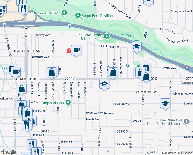 map of restaurants, bars, coffee shops, grocery stores, and more near 1705 East 2700 South in Salt Lake City