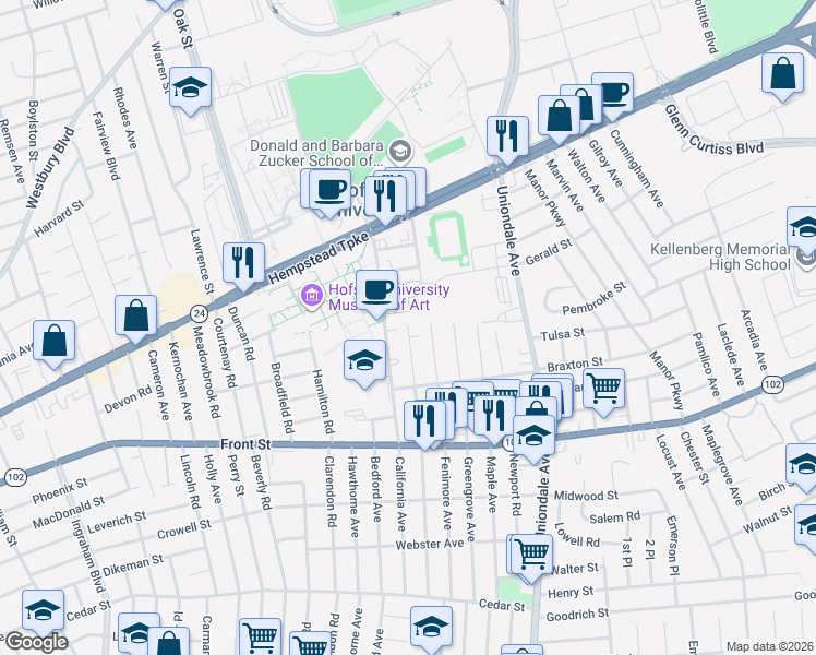 map of restaurants, bars, coffee shops, grocery stores, and more near 101 Lenox Avenue in Uniondale