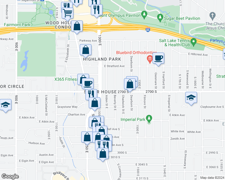 map of restaurants, bars, coffee shops, grocery stores, and more near 2698 Beverly Street East in Salt Lake City