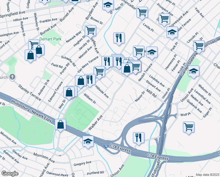 map of restaurants, bars, coffee shops, grocery stores, and more near 190 Hollywood Avenue in Irvington