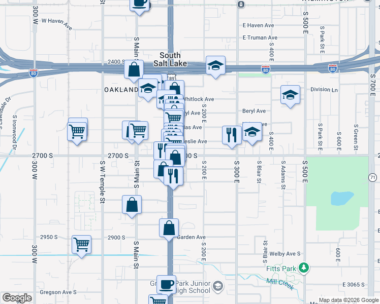 map of restaurants, bars, coffee shops, grocery stores, and more near 137 2700 South in South Salt Lake