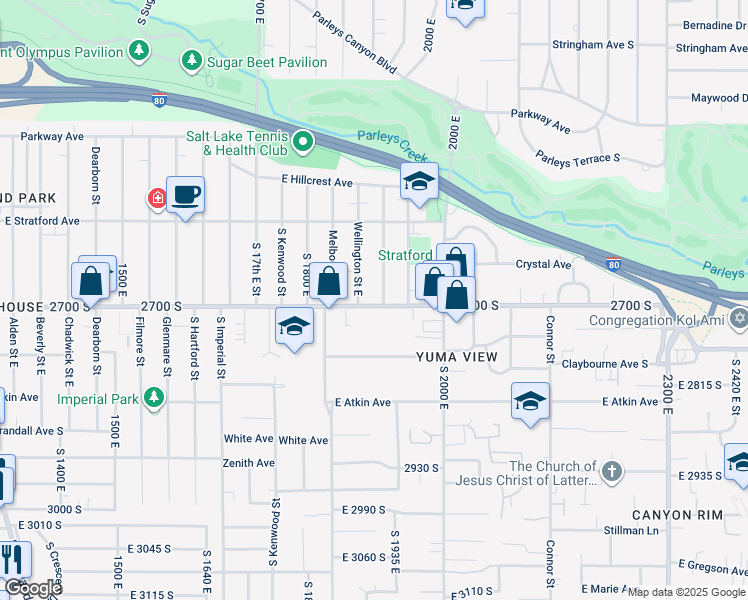 map of restaurants, bars, coffee shops, grocery stores, and more near 2696 South 1900 East in Salt Lake City