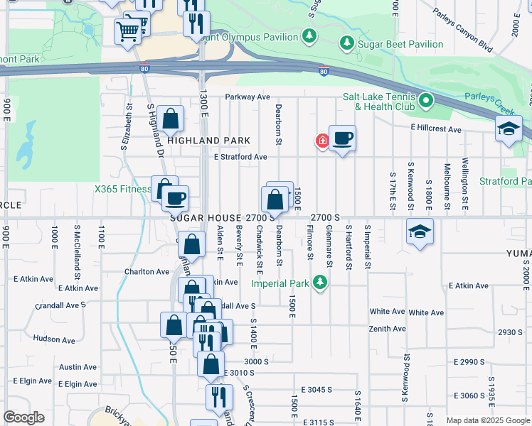 map of restaurants, bars, coffee shops, grocery stores, and more near 2696 Chadwick Street East in Salt Lake City