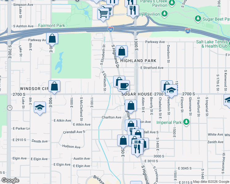 map of restaurants, bars, coffee shops, grocery stores, and more near 1203 2700 South in Salt Lake City