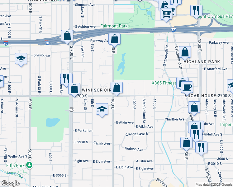 map of restaurants, bars, coffee shops, grocery stores, and more near 2697 900 East in Salt Lake City