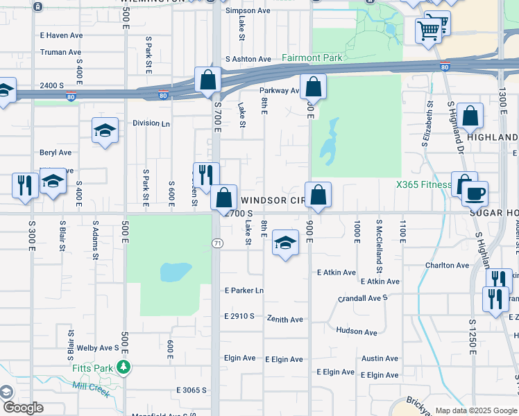 map of restaurants, bars, coffee shops, grocery stores, and more near 2642 800 East in Salt Lake City