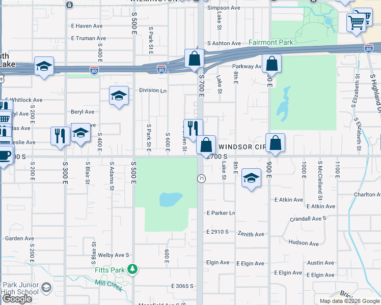 map of restaurants, bars, coffee shops, grocery stores, and more near 2690 South 700 East in Salt Lake City