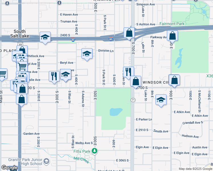 map of restaurants, bars, coffee shops, grocery stores, and more near 573 East 2700 South in Salt Lake City