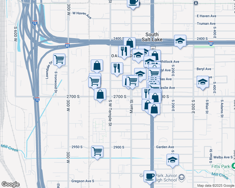 map of restaurants, bars, coffee shops, grocery stores, and more near 36 West 2700 South in South Salt Lake