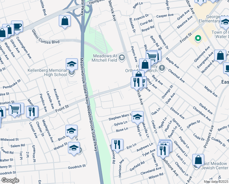 map of restaurants, bars, coffee shops, grocery stores, and more near 1458 Front Street in East Meadow