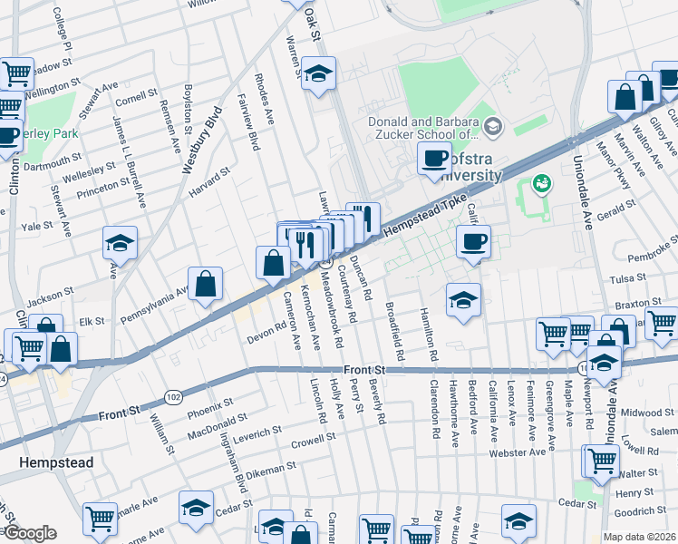 map of restaurants, bars, coffee shops, grocery stores, and more near 10 Courtenay Road in Hempstead