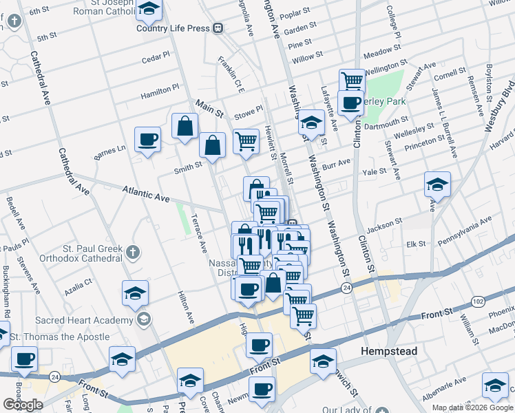 map of restaurants, bars, coffee shops, grocery stores, and more near 195 Main Street in Hempstead