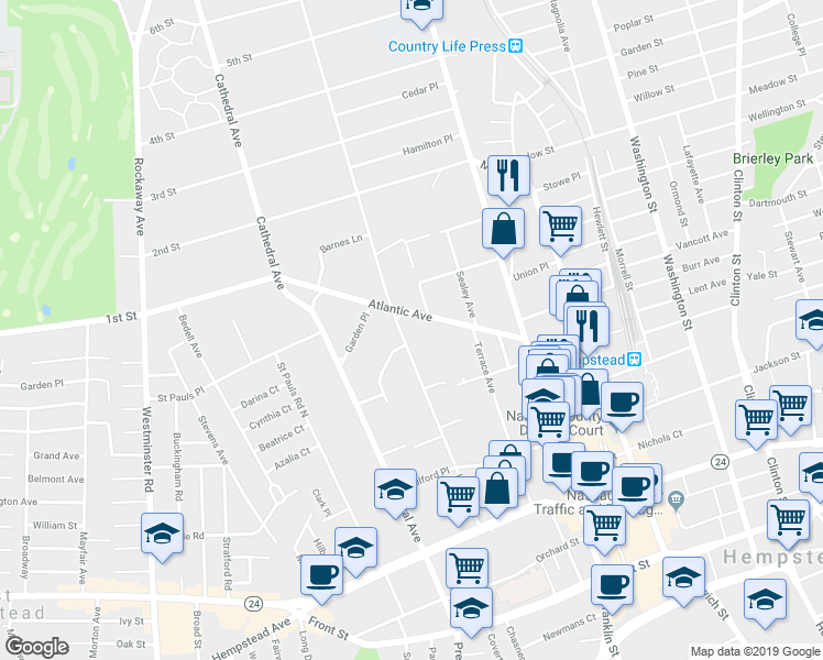 map of restaurants, bars, coffee shops, grocery stores, and more near 180 Hilton Avenue in Hempstead