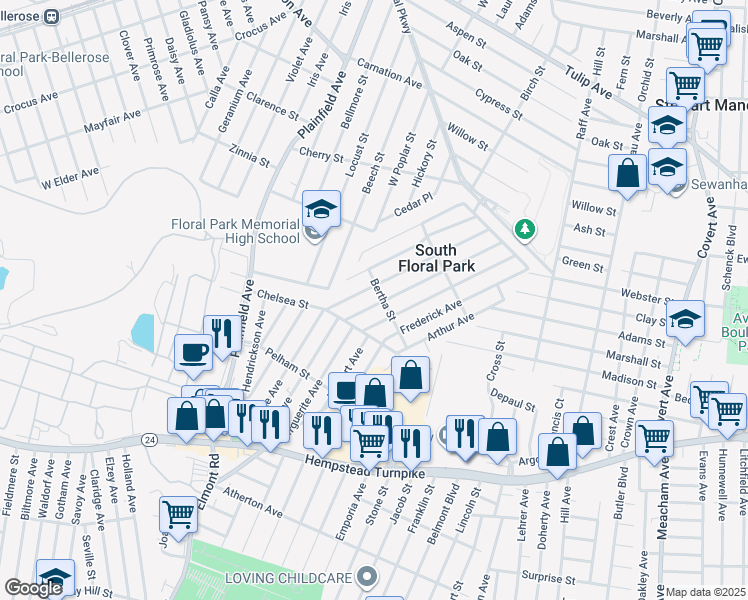 map of restaurants, bars, coffee shops, grocery stores, and more near 270 Louis Avenue in South Floral Park