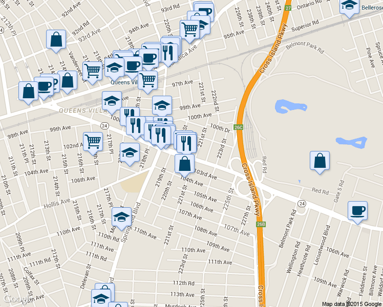 map of restaurants, bars, coffee shops, grocery stores, and more near 10205 221st Street in Queens