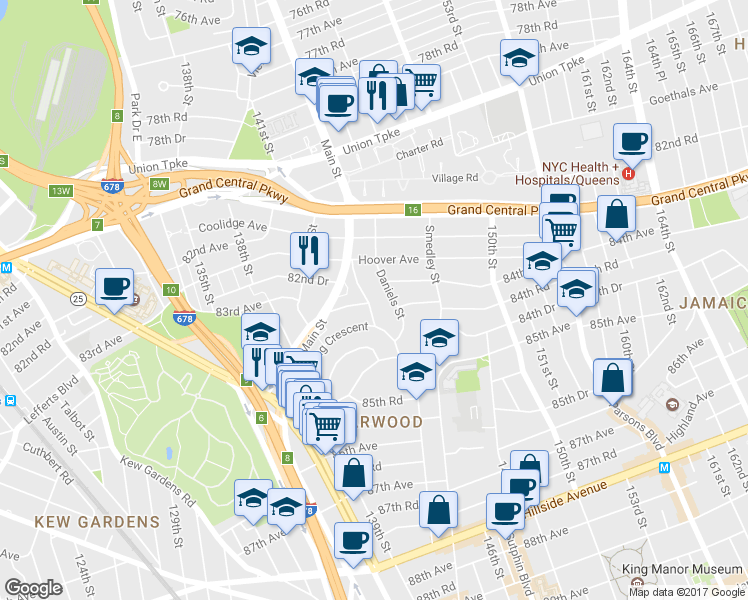 map of restaurants, bars, coffee shops, grocery stores, and more near in Queens