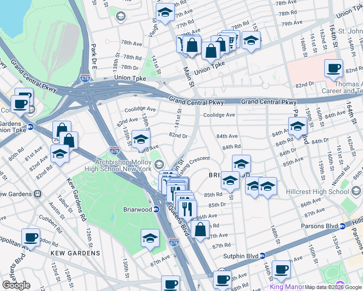 map of restaurants, bars, coffee shops, grocery stores, and more near in Queens