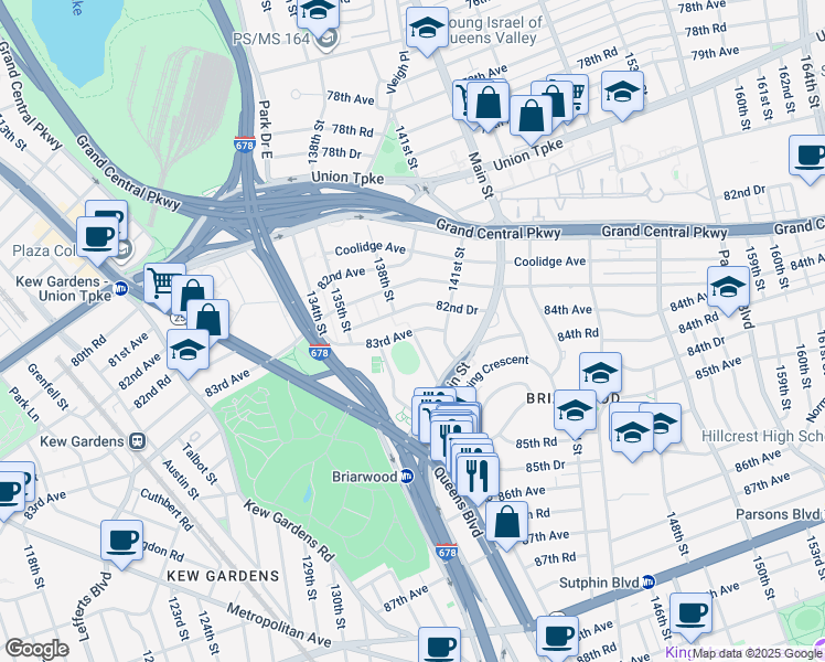 map of restaurants, bars, coffee shops, grocery stores, and more near 139-1 83rd Avenue in Queens