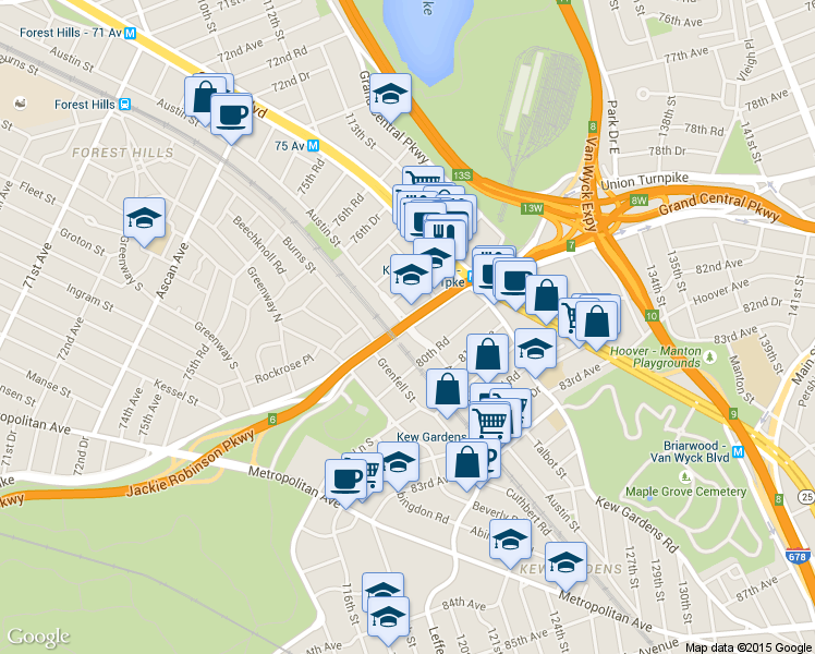 map of restaurants, bars, coffee shops, grocery stores, and more near 119-14 Union Turnpike in Queens