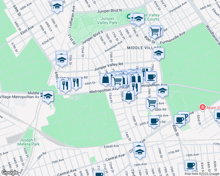 map of restaurants, bars, coffee shops, grocery stores, and more near 72-59 Metropolitan Avenue in Queens