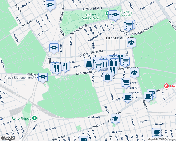 map of restaurants, bars, coffee shops, grocery stores, and more near 72-59 Metropolitan Avenue in Queens