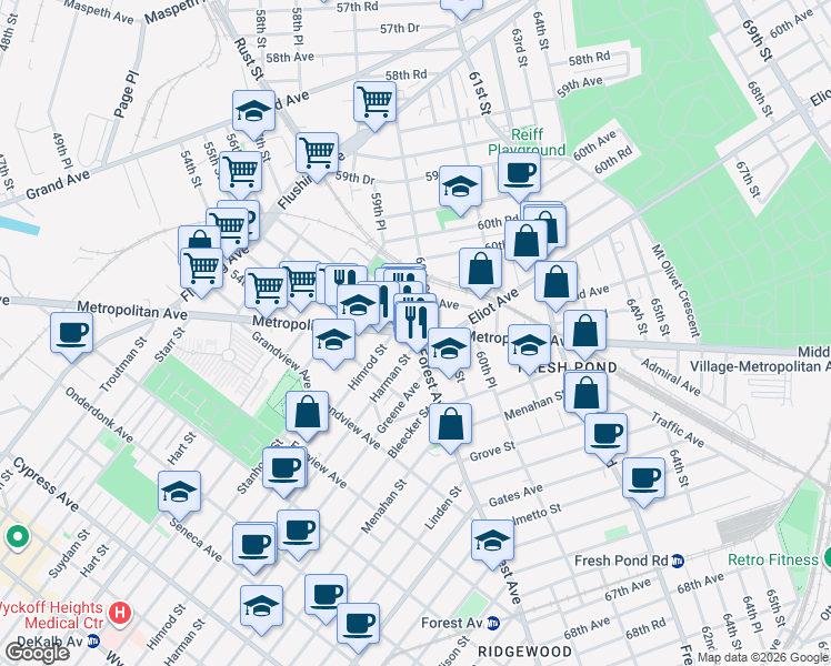 map of restaurants, bars, coffee shops, grocery stores, and more near in Queens