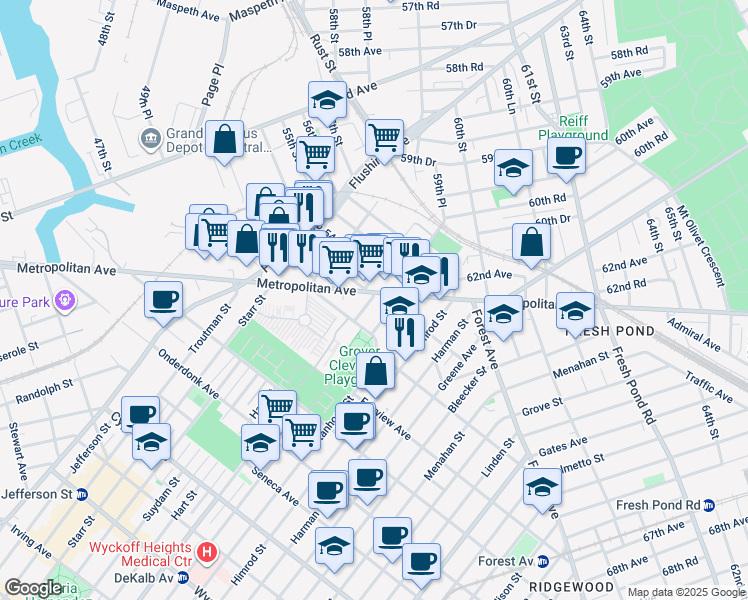 map of restaurants, bars, coffee shops, grocery stores, and more near 53-56 Metropolitan Avenue in Queens