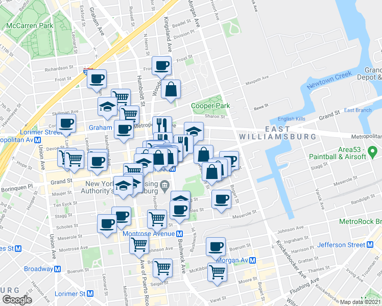 map of restaurants, bars, coffee shops, grocery stores, and more near 182 Powers Street in Brooklyn